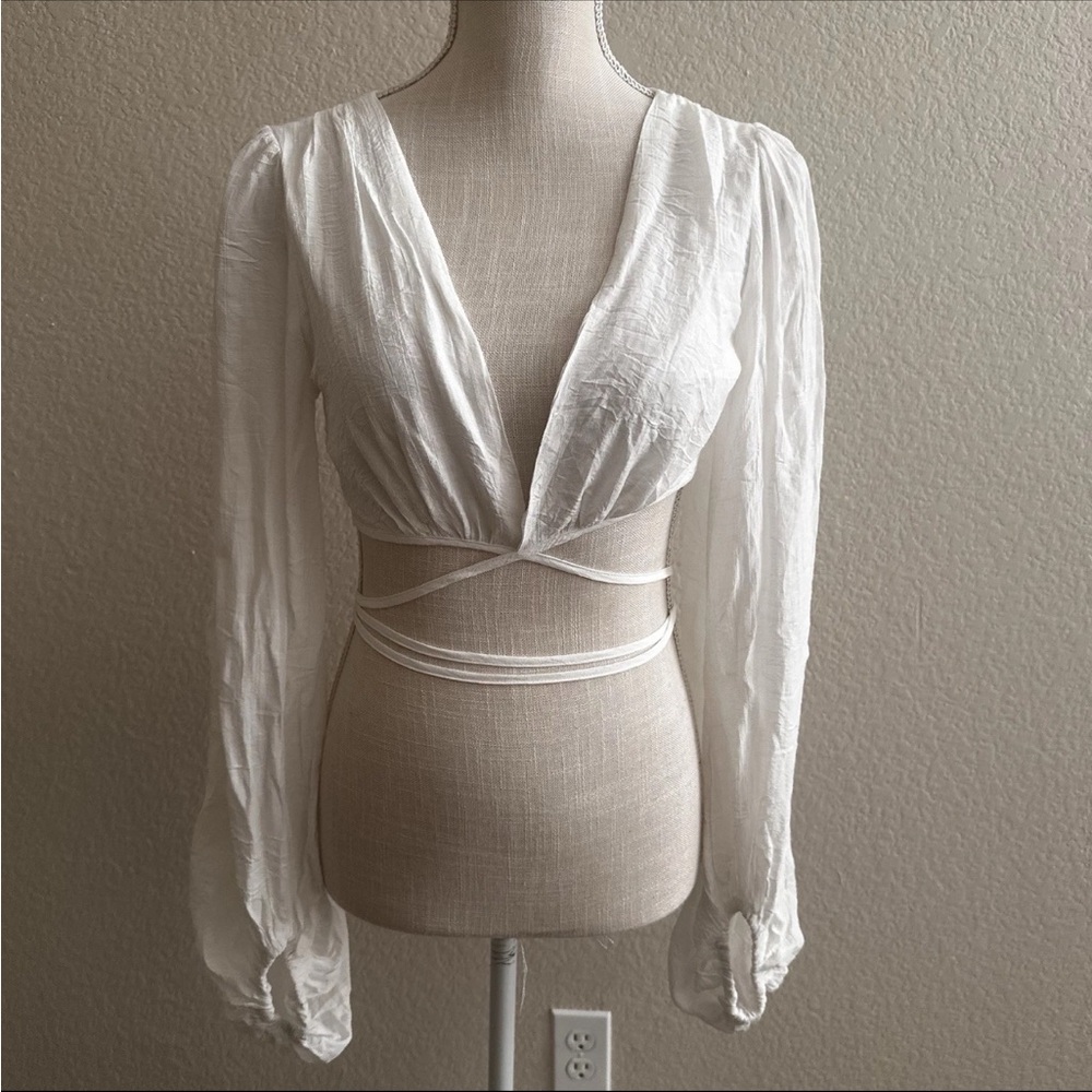 White Fox The Night Before L/S Tie Front Crop Top Ivory Size MEDIUM Semi Sheer